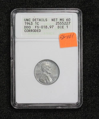 1943 Steel Wheat Cent Double Die Obverse FS-101 ANACS MS60 Details 4XXA - Image 1 of 4