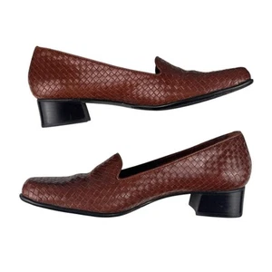 Trotters Woven Loafer Womens 8M Brown Leather Shoe Slip On Block Heel Career - Picture 1 of 17
