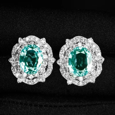 Bluish Green Paraiba Tourmaline 8.15Ct 925 Sterling Silver White Gold Earrings - Image 1 of 4