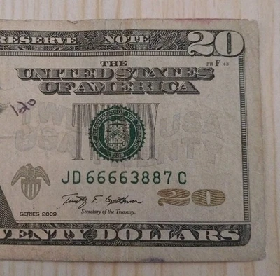 Fancy $20 Twenty Dollar Bill~Four 6s Two 8s JD 66663887 C 2009 97.4% Cool Circ. - Image 1 of 3