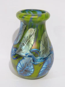 David Lotton 1995 Art Glass Vase Blue Aurene Leaf & Vine on Blue Green Pattern - Picture 1 of 5