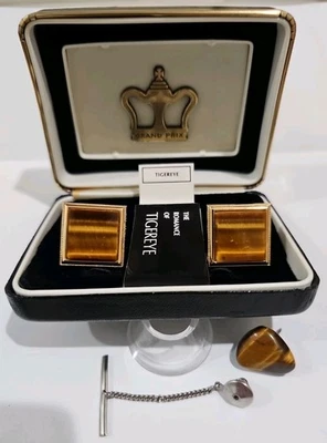 Vintage Swank Grand Prix Tigereye Tiger Eye Custom Cufflinks w Presentation Case - Image 1 of 4