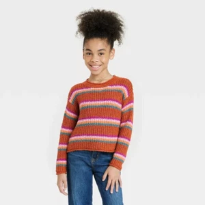 Girls' Knit Crewneck Long Sleeve Pullover Striped Sweater Cat & Jack Cinnamon - Picture 1 of 4