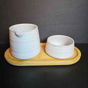 NEW Nespresso Sugar Creamer Bamboo Tray Serving Set Coffee Tea Stoneware - Picture 1 of 3