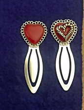 Bookmark Heart Shaped Red Art Glass + Heart Charm on Top "3" Long Silver Color