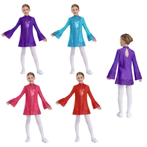 Kids Girls Dresses Dance Costume Sheer Dress Disco Outfit Competition Dancewear - Picture 1 of 56