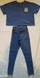 ZARA BABY BLUE CROP TOP W/GRAPHICS & RIB KNIT SKINNY LEGGINGS SET GIRLS SIZE 6 - Picture 1 of 14