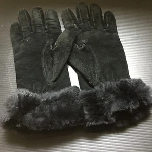Vintage 90er Lauren Ralph Lauren schwarze Wildleder Handschuhe mit Kaninchenfell Wendemanschette Gr. M - Bild 1 von 9