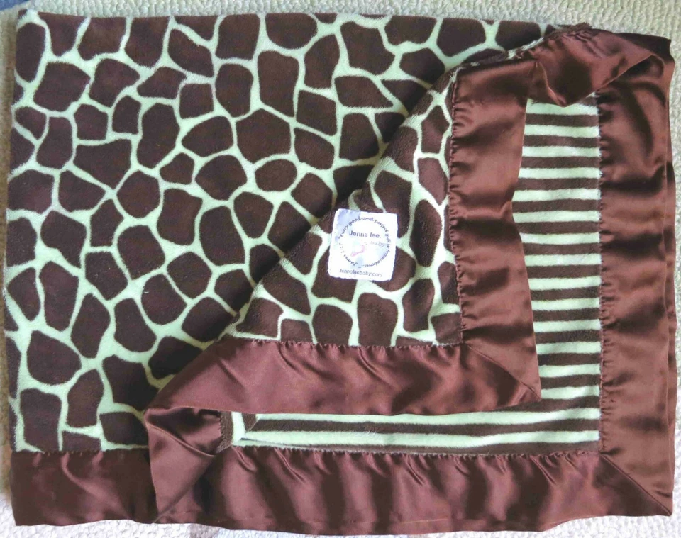 Jenna Lee Baby Brown Green Giraffe & Plush Striped w Satin Edge Boy Blanket EUC - Image 1 of 3