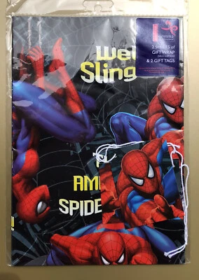 Wrapping Paper 2 sheets gift wrap & 2 Tags SPIDER-MAN Retro  Gift Wrap  NEW - Image 1 of 3