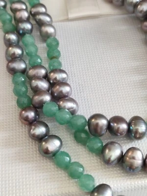 Perle Naturali Collana Perle Grigie coltivate 8,5 Avventurina Donna - Immagine 1 di 4