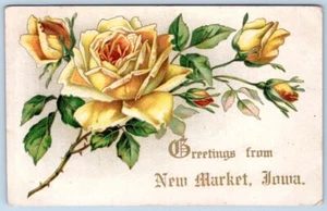 ERA 1909 SALUDOS DESDE EL NUEVO MERCADO IOWA FLORES EN RELIEVE POSTAL ANTIGUA - Imagen 1 de 2
