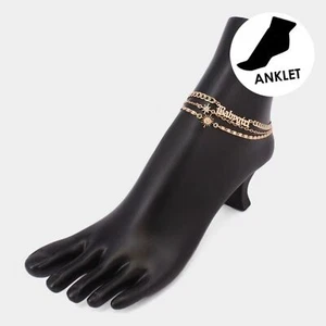 Gold Chain BABYGIRL 3 Piece Worded Pendant Layered Anklet Metal North Star Link - Picture 1 of 2