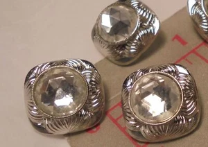 6 Czech Vintage Silver Square Metal Shank Button RhinestoneCenter 5/8" 16mm #149 - Picture 1 of 10