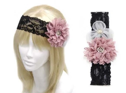 Diadema de tela de encaje negro y morado con perlas y pedrería Foto 1 de 1