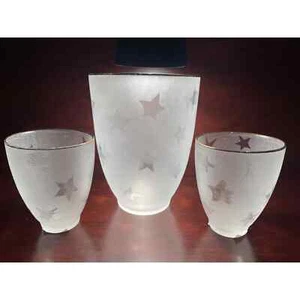 Set of 3 Frosted Votive Star Pattern 2- Candle Holders & Large Vase w/ Gold Rim - Picture 1 of 11