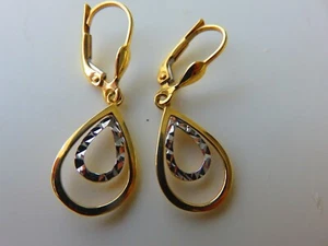 Gold Drop Dangling Earrings 9 Carat Yellow & White Diamond Cut 30mm - Picture 1 of 3
