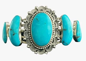 Chaco Canyon Sterling Silver 5 Stone Kingman Turquoise Stamped Cuff Bracelet - Picture 1 of 11