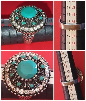 Anello💍PIETRE no.15,25 uomo donna zirconi color argento turchese opale RETRÒ  - Immagine 1 di 4