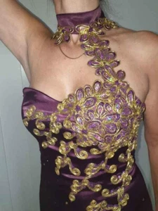 Purple with gold embroidered off centre halter neck, silk evening/prom dress - Picture 1 of 5