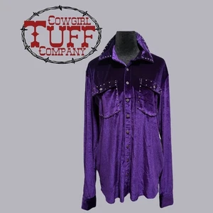 Cowgirl Tuff lila Samt Nieten Pullover Western Knopfleiste Shirt Large - Bild 1 von 8