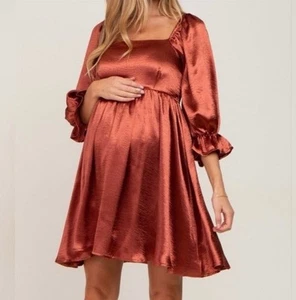 Entro Maternity Sz S Rust Satin Dress Babydoll Empire Waist Square Neck Photos - Picture 1 of 21