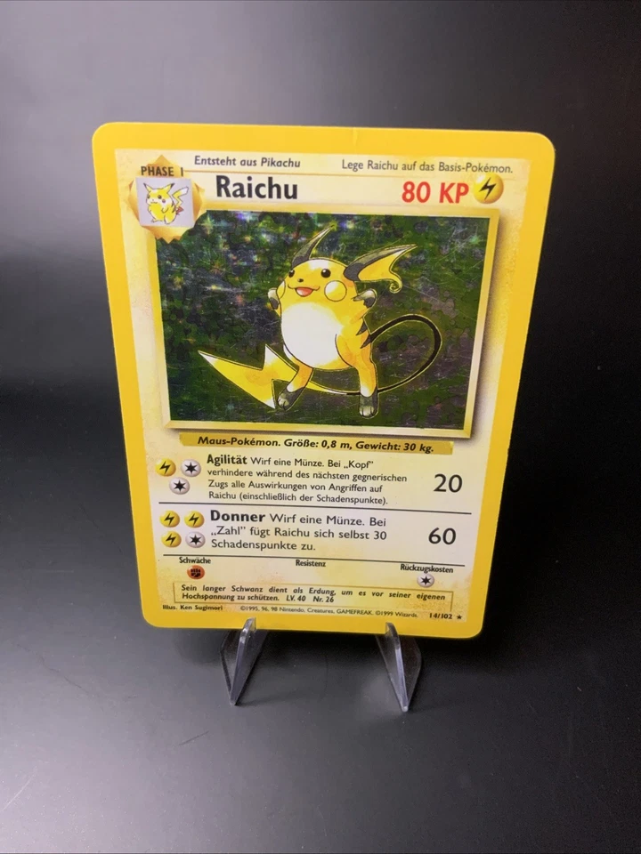Raichu Holo Base Set 14/102 GERMAN Vintage Pokémon Card 1999 Creased MP WOTC - Image 1 of 4