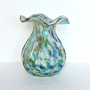 Vintage Vase Hand Blown Ruffle Rim Fluted Design Multicolor Glass - Picture 1 of 9