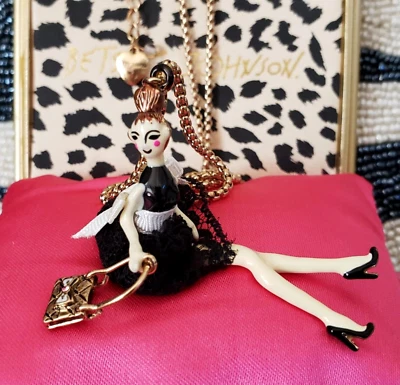 Vintage Betsey Johnson Paris Is Always A Good Idea Girl Doll Lace Dress Necklace - Image 1 of 4