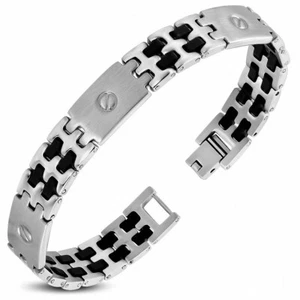 Men's Bracelet In Steel And Black Rubber Links - Picture 1 of 1