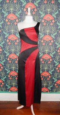 Vintage 90's Y2K Black Red Striped Goth Grunge One Shoulder Crystals Hoco Dress - Image 1 of 4