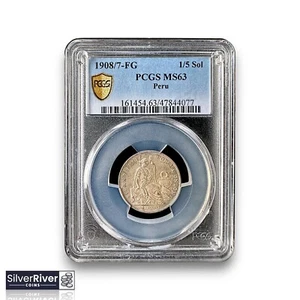 1908/7 - FG Peru Silber 1/5 Sol (*zertifiziert MS63 von PCGS*) - getönt - Bild 1 von 4
