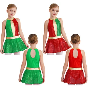 Kids Girls Bodysuit Hollow Back Christmas Gymnastic Costume Cheerleading Dress - Picture 1 of 30