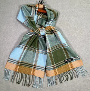 100% Cashmere Women Scarf Scotland Made Plaid Fringe Colorful Orange Warm 70x13 - Picture 1 of 9