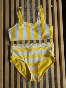 JUSTICE girls Two piece swim suit size 14 Tankini Bikini Yellow White Striped - Picture 1 of 5
