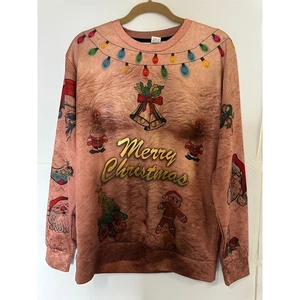 Mens Funny Ugly Christmas Sweater Hairy Chest Tattoo Santa Skull Party L - Picture 1 of 8