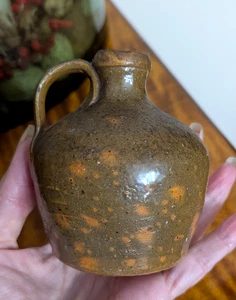 Antique Miniature Primitive Redware Jug Glazed, 3 3/4” Handmade Pennsylvania - Picture 1 of 7