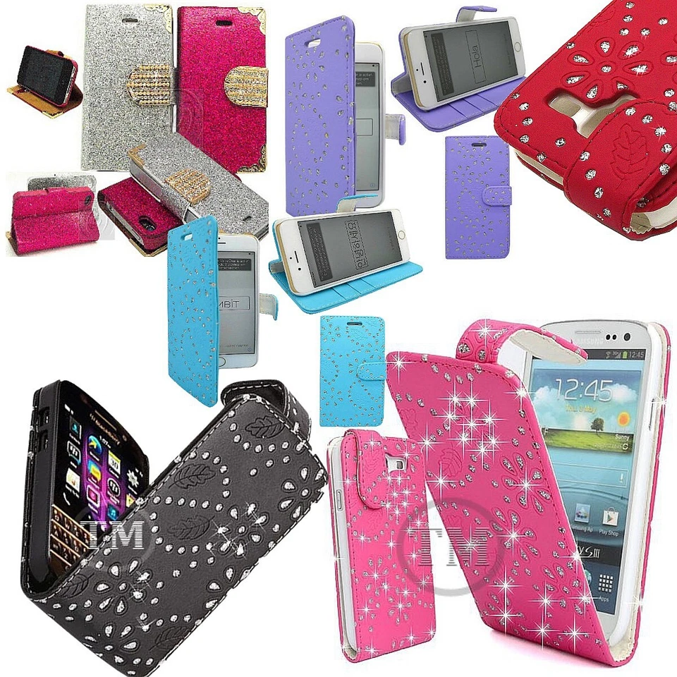Leather Sparkly Glitter Bling Diamond Flip or Wallet Case Cover Pouch all Models - Image 1 of 1
