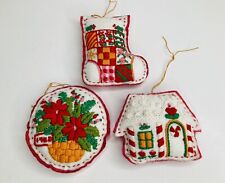 3 Vintage Hand Stitched Needlepoint Christmas Ornaments Handmade 1982 Stuffed