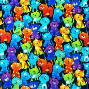 Rainbow Kittens on Black Novelty Cotton Sewing Fabric .806 yd (29") X 44" - Picture 1 of 3