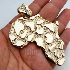 CIONDOLO CHARM HIP HOP LEGA PLACCATA ORO 14K PEPITA DORATA GRANDE MAPPA AFRICA BLING - Foto 1 di 4