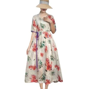 Women Chinese Ethnic Floral Dress Linen Cotton V Neck Loose Drawstring Retro - Picture 1 of 12