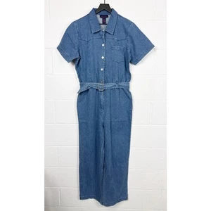 Vintage Y2K Denim Jumpsuit Y2K Western Denim&Co Belted Elastic Waist Size Large - Picture 1 of 10