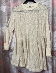FREE PEOPLE Ivory Open Knit Crochet Sweater Boho Tunic Long Sleeve Dress Sz XS - Picture 1 of 11