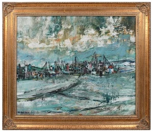 Paul Tessler 1908-1988 Hafengemälde Öl gerahmt 25" x 29" Museum & Rockefeller - Bild 1 von 10