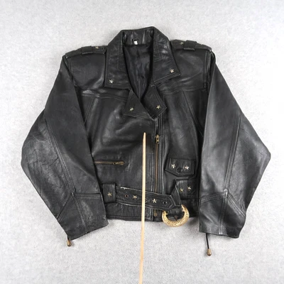 Chaqueta de moto de cuero vintage años 80 90 para mujer talla 3 negra motociclista ajuste cuadrado estrella tachuela Foto 1 de 4