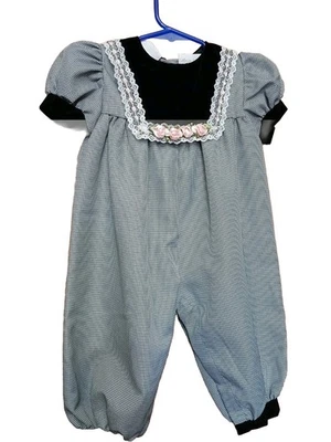 Vintage Rose Cottage Baby Girl Black & White Checked Romper Size 12 months - Image 1 of 4