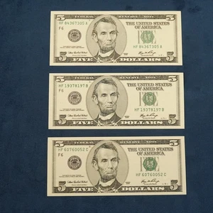 Three 2006 $5 Federal Reserve Notes F6 Atlanta UNC- Crisp - Free Shipping USA - Picture 1 of 6
