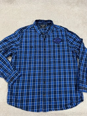 Camisa masculina Harley Davidson extra grande azul xadrez botão manga longa logotipo casual - Imagem 1 de 4