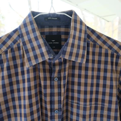 Park Avenue Slim Fit Manga Longa Masculina 39cm Marrom Azul Xadrez Botão para Cima - Imagem 1 de 4